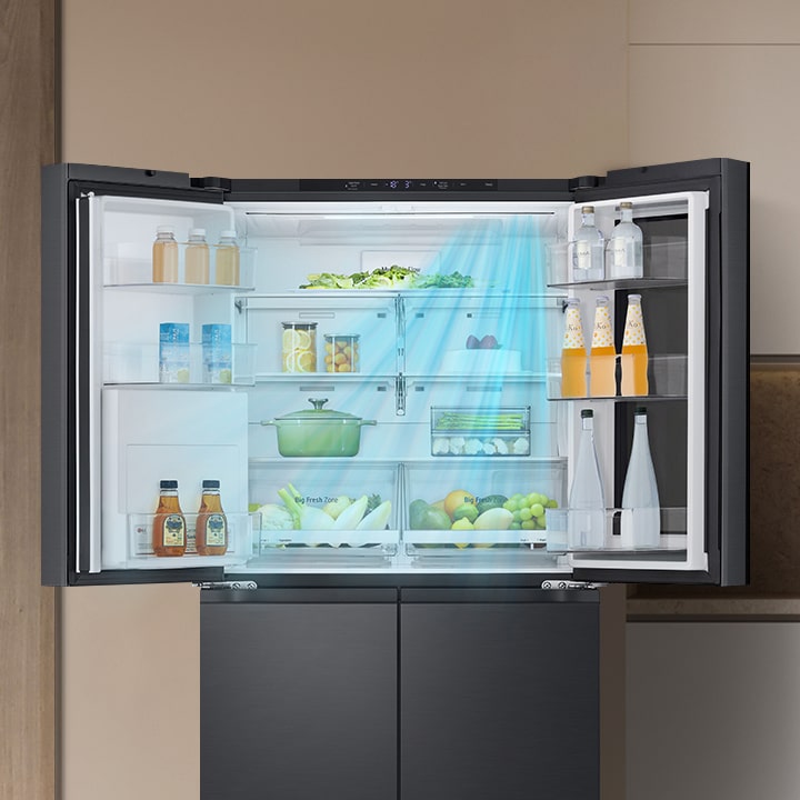 Az LG DoorCooling⁺™ technológia segít az ételek és italok egyenletes hőmérsékletének fenntartásában.