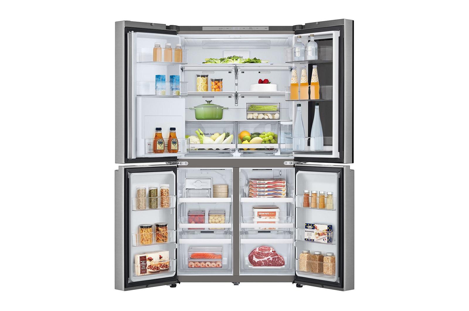 Elölnézet, minden ajtó nyitva, élelmiszerekkel