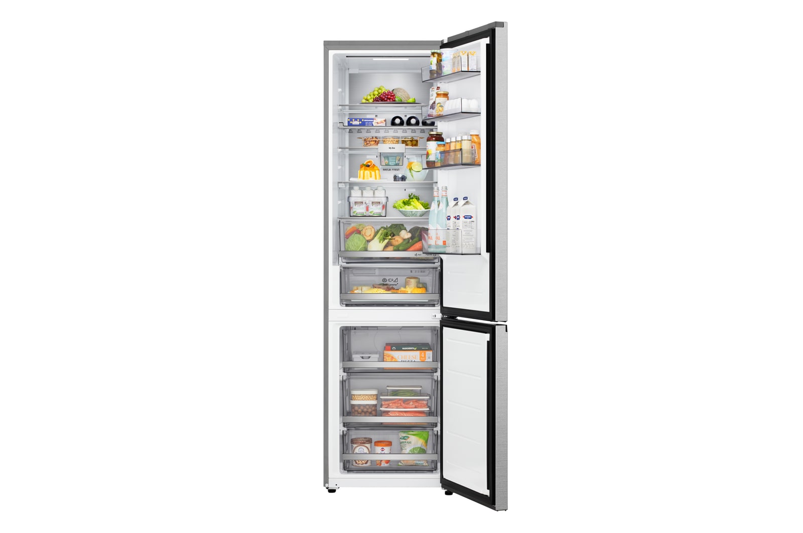 GBBS726CMB alulfagyasztós hűtő nyitott hűtő- és fagyasztóajtóval, élelmiszerekkel
