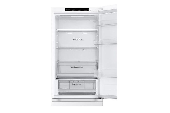 GBV3100DSW nyitott hűtőajtóval, közeli kép, példa termékek nélkül