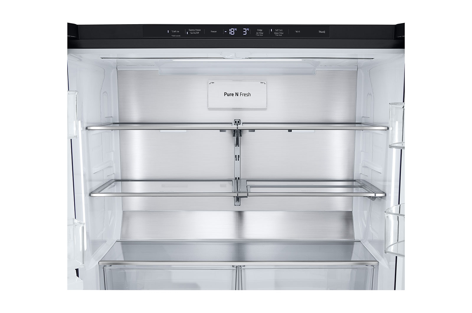 LG InstaView™ Négyajtós hűtőszekrény DoorCooling⁺™, Craft Ice™ és ThinQ™ technológia, 638L kapacitás, GMG960EVEE