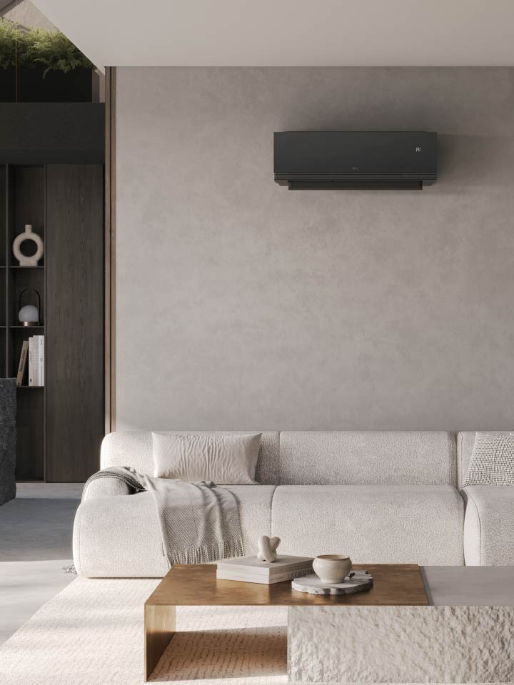 Tükörfényes fekete LG ARTCOOL légkondicionáló AI Air funkcióval, melyekkel zökkenőmentesen illeszkedik a modern otthonokba.