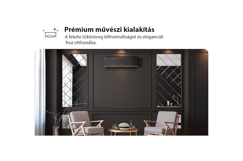 Az LG AI Air technológia illusztrációja egy nappaliban, falra szerelt légkondicionálóval. A rendszer a szobahőmérséklet és a felhasználó tartózkodási helyének érzékelésével állítja be a légáramlást. A kísérő szöveg a következő: „AI Air radarérzékelővel: Az AI Air érzékeli a helyiség hőmérsékletét, és az Ön tartózkodási helye alapján állítja be a légáramlást a komfortérzet érdekében.”