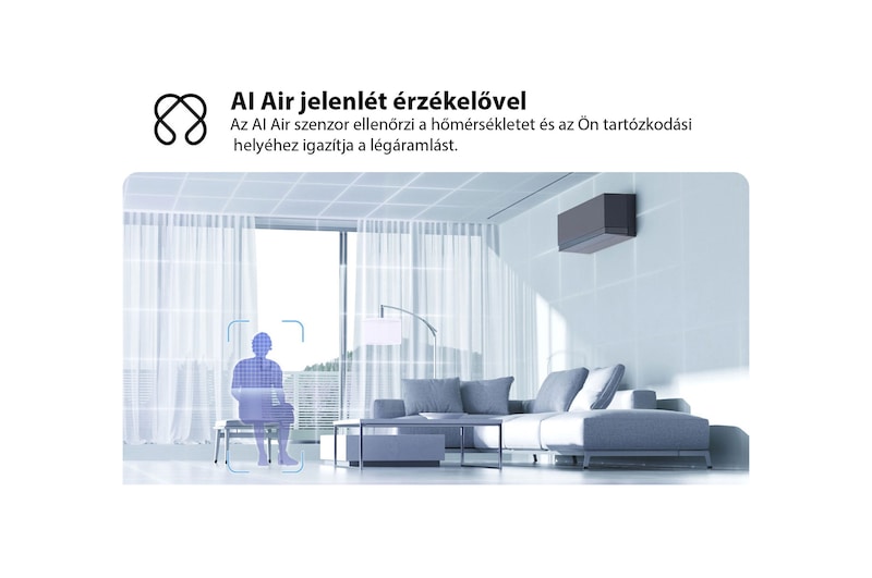 Az LG AI Air technológia illusztrációja egy nappaliban, falra szerelt légkondicionálóval. A rendszer a szobahőmérséklet és a felhasználó tartózkodási helyének érzékelésével állítja be a légáramlást. A kísérő szöveg a következő: „AI Air radarérzékelővel: Az AI Air érzékeli a helyiség hőmérsékletét, és az Ön tartózkodási helye alapján állítja be a légáramlást a komfortérzet érdekében.”