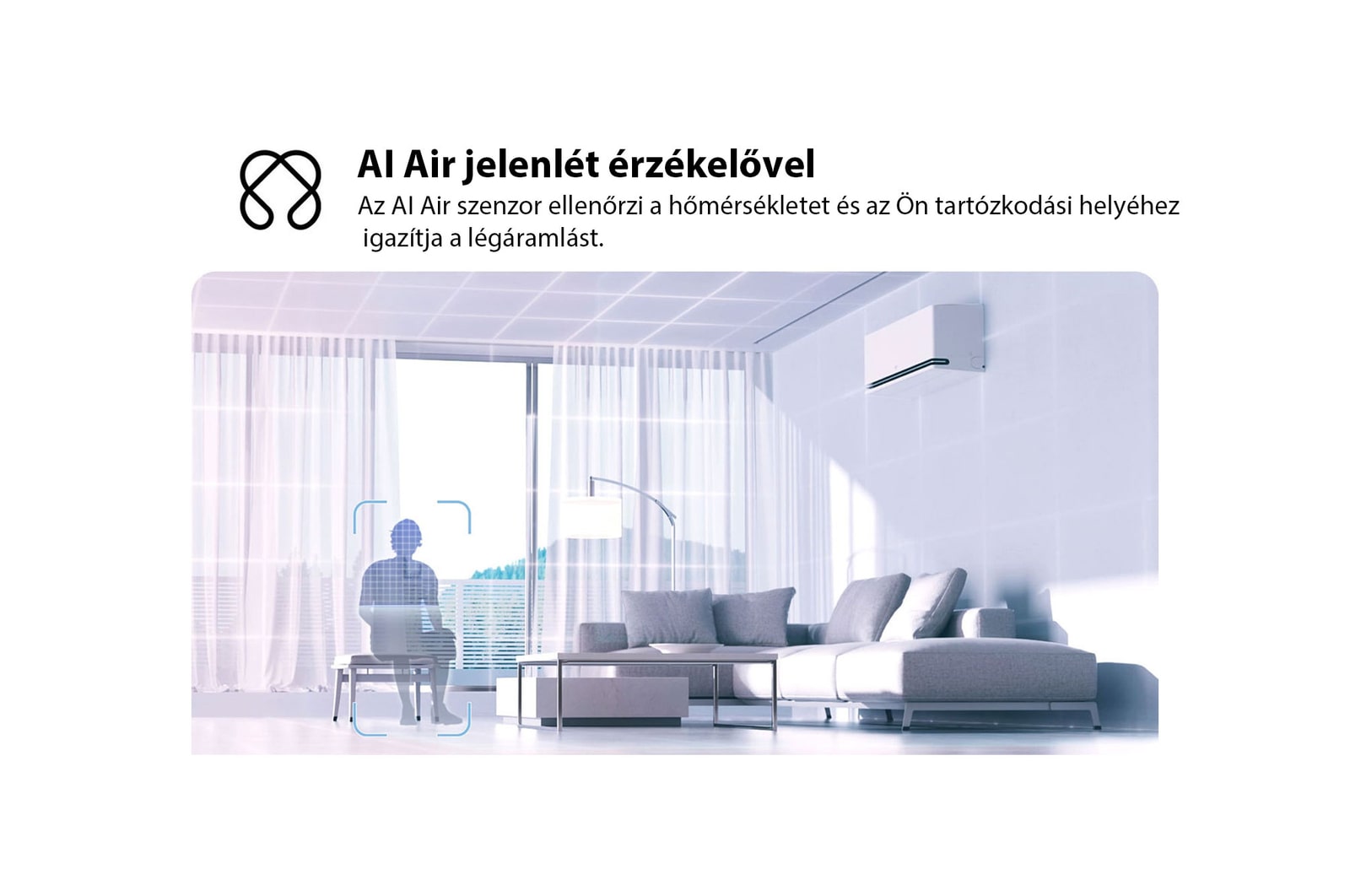 Az LG AI Air technológia illusztrációja egy nappaliban, falra szerelt légkondicionálóval. A rendszer a szobahőmérséklet és a felhasználó tartózkodási helyének érzékelésével állítja be a légáramlást. A kísérő szöveg a következő: „AI Air radarérzékelővel: Az AI Air érzékeli a helyiség hőmérsékletét, és az Ön tartózkodási helye alapján állítja be a légáramlást a komfortérzet érdekében.”