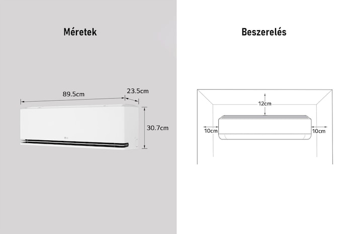 Az LG légkondicionáló méreteit és telepítési útmutatóját bemutató kép. Méretek: 89,5 cm szélesség, 23,5 cm mélység és 30,7 cm magasság. Felszerelés: Mindkét oldalon 10 cm, felül 12 cm szabad tér szükséges.