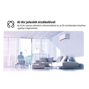 Az LG AI Air technológia illusztrációja egy nappaliban, falra szerelt légkondicionálóval. A rendszer a szobahőmérséklet és a felhasználó tartózkodási helyének érzékelésével állítja be a légáramlást. A kísérő szöveg a következő: „AI Air radarérzékelővel: Az AI Air érzékeli a helyiség hőmérsékletét, és az Ön tartózkodási helye alapján állítja be a légáramlást a komfortérzet érdekében.”