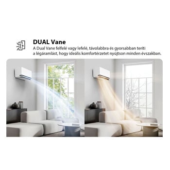 Az LG Dual Vane légkondicionáló egy nappaliban látható. A hideg levegő a bal oldalon felfelé, a meleg levegő a jobb oldalon lefelé áramlik. A kísérő szöveg a következő: „A Dual Vane két lapátos kialakítás felfele vagy lefele, távolabbra és gyorsabban teríti a légáramlást, hogy ideális komfortérzetet nyújtson minden évszakban.”