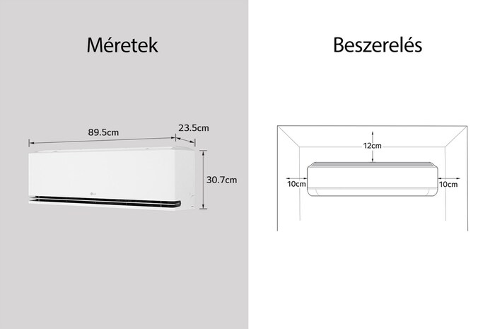 Az LG légkondicionáló méreteit és telepítési útmutatóját bemutató kép. Méretek: 89,5 cm szélesség, 23,5 cm mélység és 30,7 cm magasság. Telepítés: Mindkét oldalon 10 cm, felül 12 cm szabad tér szükséges.