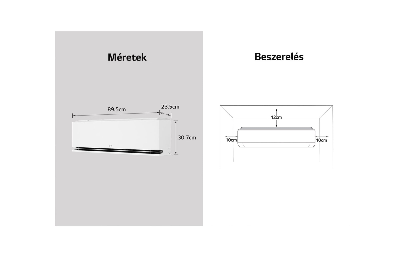 Az LG légkondicionáló méreteit és telepítési útmutatóját bemutató kép. Méretek: 89,5 cm szélesség, 23,5 cm mélység és 30,7 cm magasság. Telepítés: Mindkét oldalon 10 cm, felül 12 cm szabad tér szükséges.