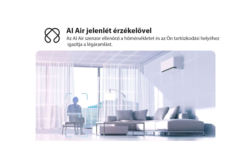 Az LG AI Air technológia illusztrációja egy nappaliban, falra szerelt légkondicionálóval. A rendszer a szobahőmérséklet és a felhasználó tartózkodási helyének érzékelésével állítja be a légáramlást. A kísérő szöveg a következő: „AI Air radarérzékelővel: Az AI Air érzékeli a helyiség hőmérsékletét, és az Ön tartózkodási helye alapján állítja be a légáramlást a komfortérzet érdekében.”