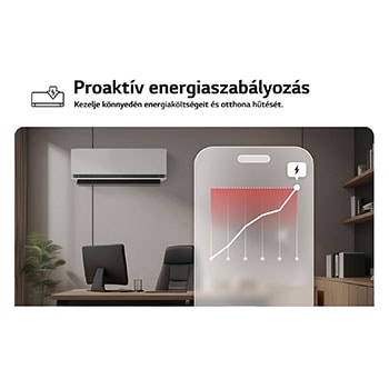 LG légkondicionáló Proaktív energiaszabályozás funkcióval. Egy okostelefon egy energiagrafikont jelenít meg vörös riasztással, és kezeli a hűtést és a határértékeket. Szöveg: „Proaktív energiaszabályozás. Az intelligens szabályozás segít a hűtés kezelésében és az energiakorlátok beállításában.”
