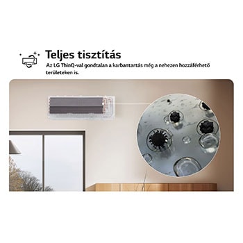 Az LG klímaberendezés Teljes tisztítás funkcióját bemutató kép. A képanyag a belső tisztítási folyamatot emeli ki, egy közelképen pedig a szennyeződések és baktériumok eltávolítása látható. A szöveg így szól: „Teljes tisztítás. Az LG ThinQ-val egyszerű a karbantartás, még a nehezen hozzáférhető területeken is.”