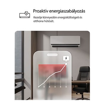 LG légkondicionáló Proaktív energiaszabályozás funkcióval. Egy okostelefon egy energiagrafikont jelenít meg vörös riasztással, és kezeli a hűtést és a határértékeket. Szöveg: „Proaktív energiaszabályozás. Az intelligens szabályozás segít a hűtés kezelésében és az energiakorlátok beállításában.”