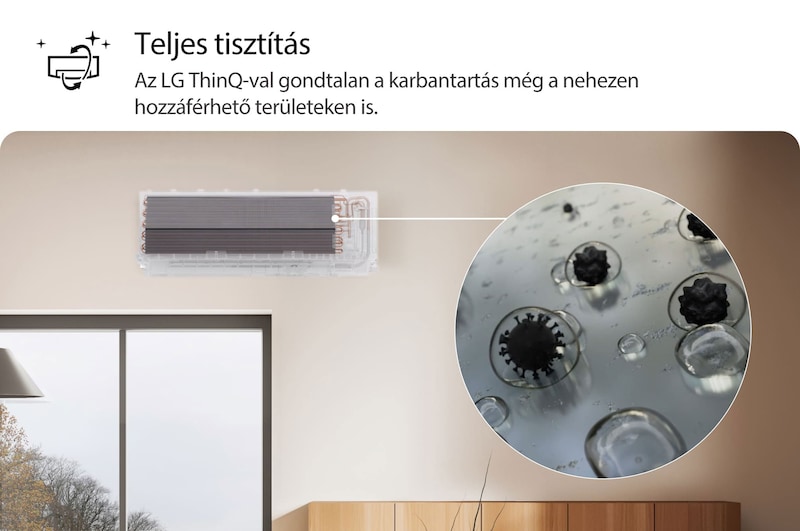 Az LG klímaberendezés Teljes tisztítás funkcióját bemutató kép. A képanyag a belső tisztítási folyamatot emeli ki, egy közelképen pedig a szennyeződések és baktériumok eltávolítása látható. A szöveg így szól: „Teljes tisztítás. Az LG ThinQ-val egyszerű a karbantartás, még a nehezen hozzáférhető területeken is.”