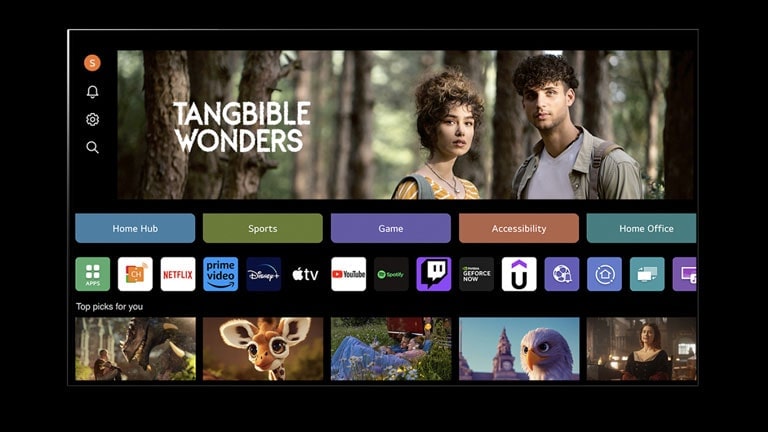 Az LG AI TV képernyőjén a My Profile menü látható. A felső harmadban a Tangible Wonders reklámbannere helyezkedik el. A banner alatt a következő gombok szerepelnek: Home Hub, Sports, Game, Accessibility, Home Office. A gombok alatt a következő logók jelennek meg: LG Channels, Netflix, Prime Video, Disney+, Apple TV, YouTube, Spotify, Twitch, GeForce Now és Udemy. A logók alatt 5 film miniatűrképe látható a „Top picks for you” (Legjobb választások az Ön számára) szöveg alatt.   A kurzor a bal felső sarokban lévő „S” kezdőbetűre kattint. Megnyílik egy LG fiók legördülő menüje, és öt név jelenik meg. A kurzor a második névre kattint, melynek hatására a képernyőn megjelenő miniatűrök és ajánlott tartalmak megváltoznak.