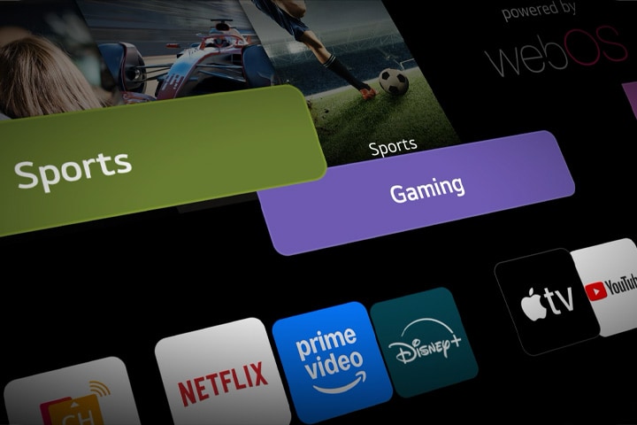 LG Smart TV interfész animált kategória dobozokkal, amelyek zökkenőmentesen váltanak át a webOS kezdőképernyőre.