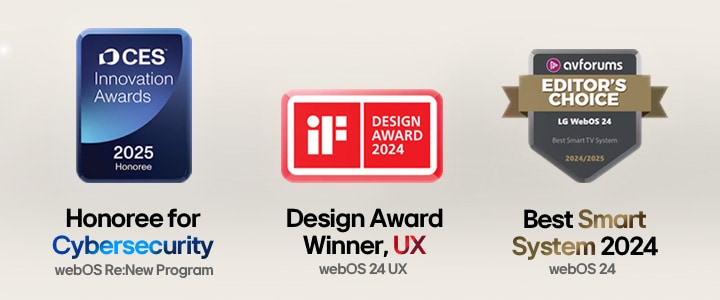 Díjak logói, amelyek tartalmazzák a CES, az iF Design Award és az AVForums Editors' Choice