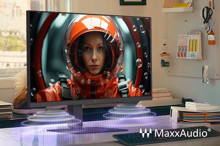 Egy asztali gép LG monitorral, amely egy nőt jelenít meg űrhajós ruhában, MaxxAudio vizuális effektekkel kiegészítve, a beépített hangszóró hangsugárzás látszatát keltve.