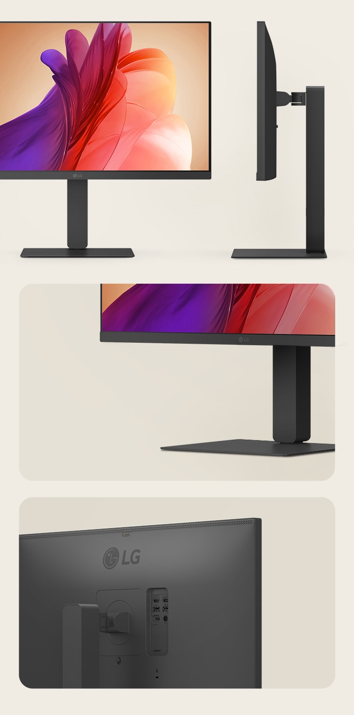 Egy fehér LG monitor elülső, oldalsó és részletes nézetei, elegáns állvánnyal és minimális hátlapi kialakítással.	