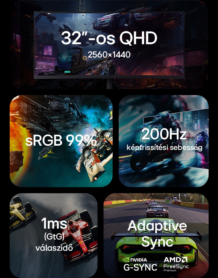 Funkciók: 32"-os QHD 2560x1440 felbontás, RGBs 99%, 200 Hz, 1 ms (GtG) válaszidő, NVIDIA G-SYNC és AMD FreeSync™ Premium.