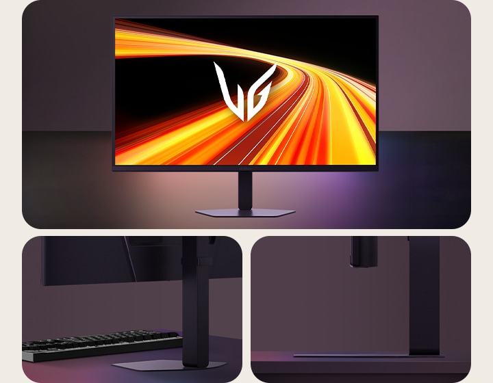 Futurisztikus versenyjelenetet megjelenítő UltraGear™ 32G620B gaming monitor elülső és hátsó nézete.