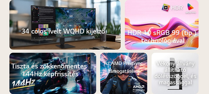 34"-os WQHD ívelt kijelző, HDR10 sRGB 99%-os színpontosság, USB-C, 144Hz, AMD FreeSync, dönthető állvány, állítható magasság.