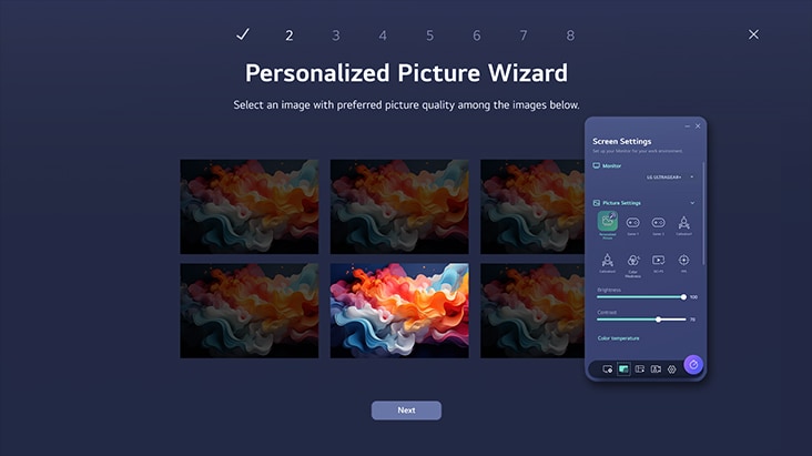 A video demonstrates the LG Switch app interface, showing how users can divide the ultra-wide screen into up to six sections, customize themes, or launch apps like video calls or creative software. It highlights efficient multitasking with PBP and PIP modes using mapped hotkeys.	
