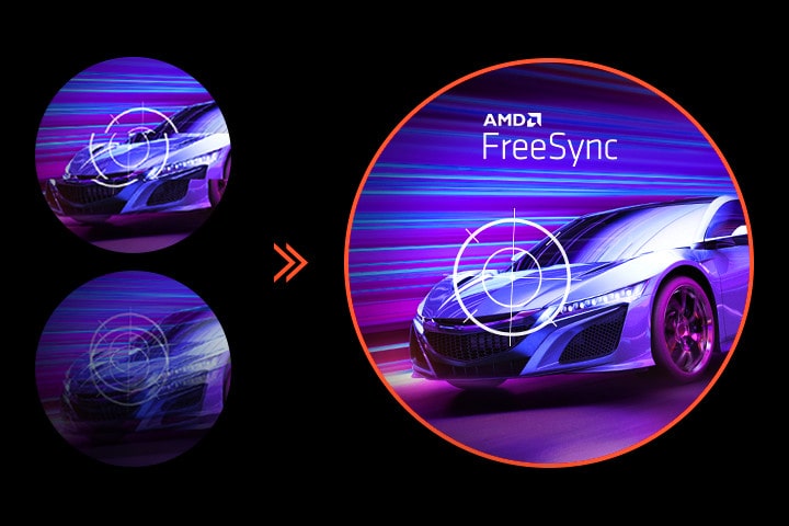 Egy nagyon gyorsan haladó autó összehasonlító képe. A jobb oldali autó képe élethű, de a bal oldali, AMD FreeSync™ nélküli képek nem azok.