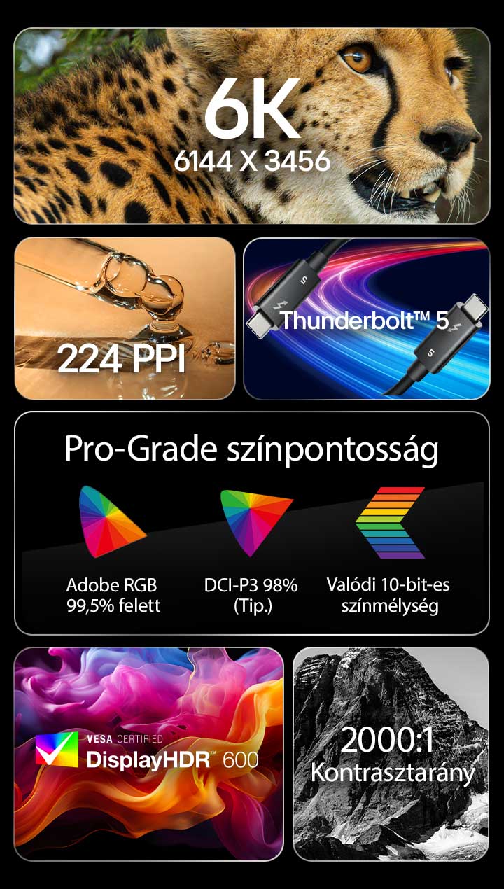 6 különböző kép az UltraFine legfontosabb jellemzőire utaló szöveggel