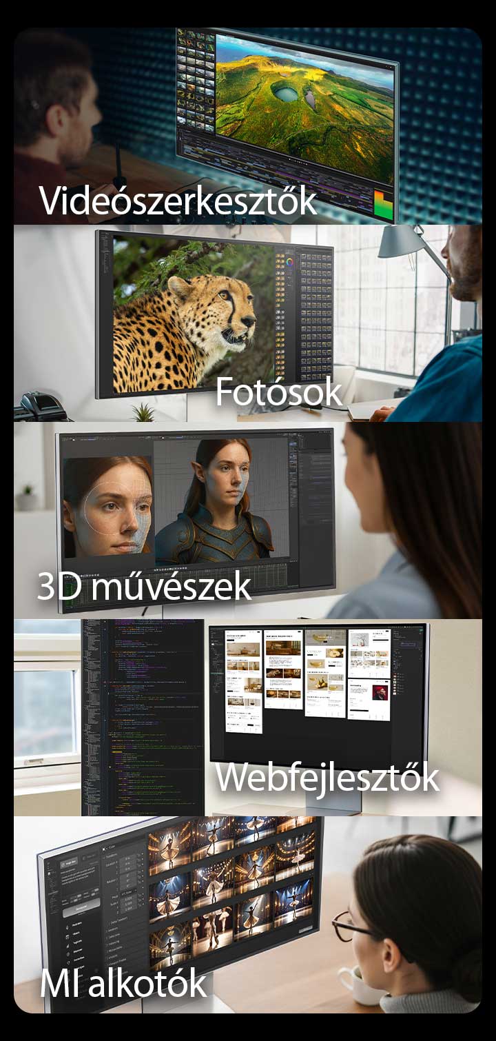5 különböző kreatív alkotó UltraFine monitorokon dolgozik, különböző eszközöket használva.