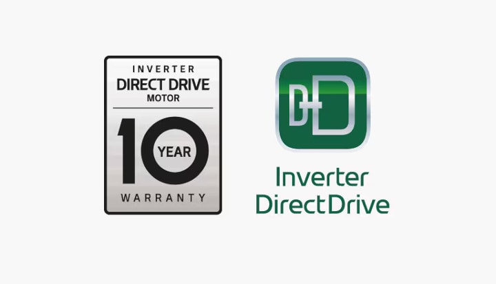 Az Inverter Direct Drive logó és 10 év garancia logó látható.