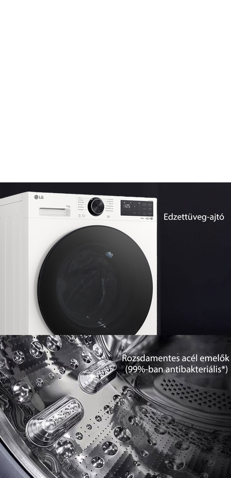 LG gőzmosógép edzettüveg-ajtóval és rozsdamentes acél emelőkkel