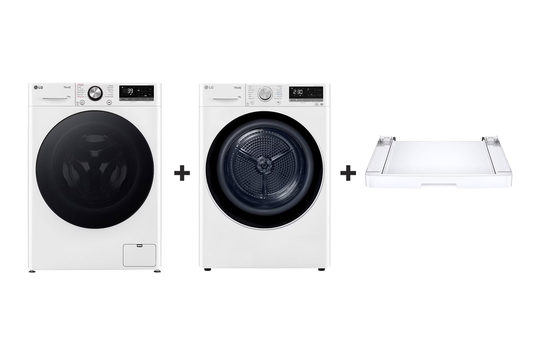 F4WR710S2W gőzmosógép + RH90V9AV4N szárítógép + összeépítő keret elölnézete