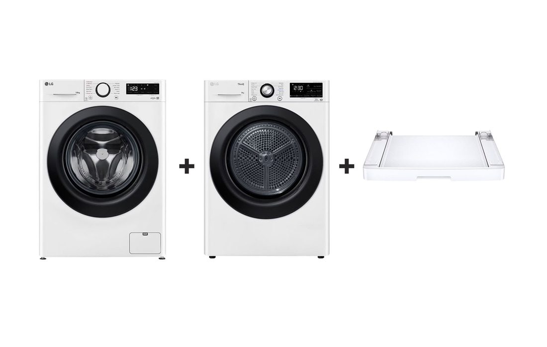 F4WR510SBW gőzmosógép + RH80V3AVBN szárítógép + összeépítő keret elölnézete