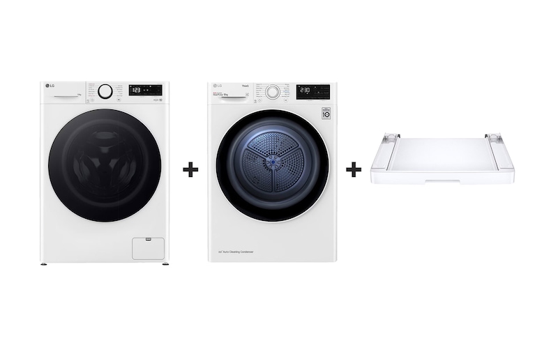 F4WR510S0W gőzmosógép + RH80V3AV6N szárítógép + összeépítő keret elölnézete