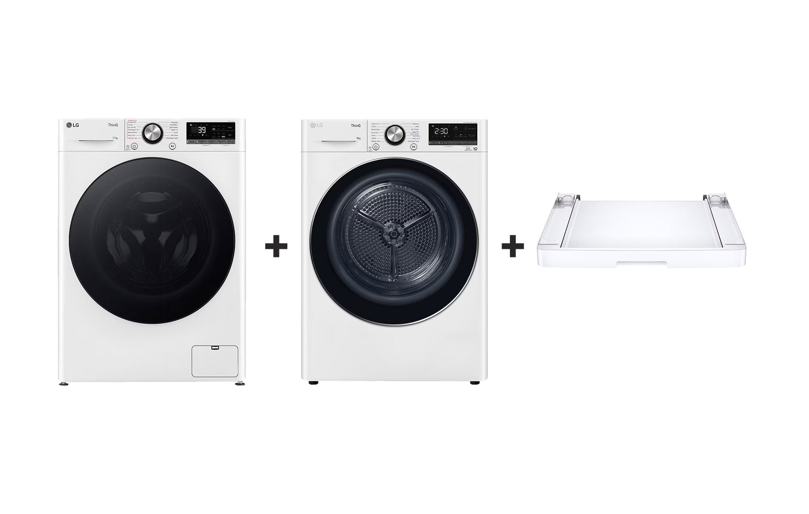 F4WR711S2W gőzmosógép + RH90V9AV2N szárítógép + összeépítő keret elölnézete