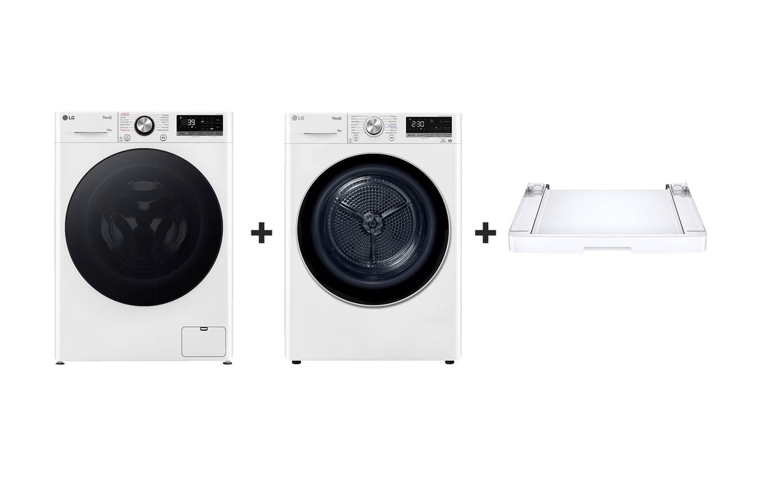 F4WR710S2W gőzmosógép + RH80V9AV3N szárítógép + összeépítő keret elölnézete