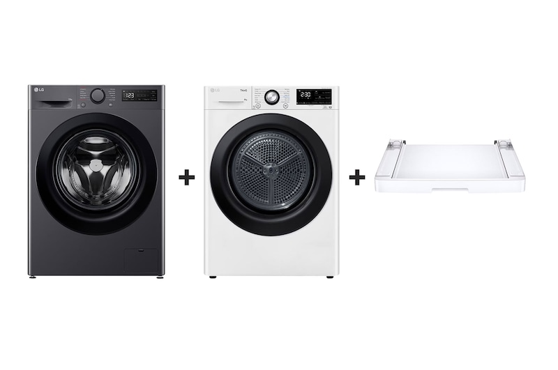 Front view of Gőzmosógép (10kg, AI DD™ technológia) + Hőszivattyús szárítógép (8kg, Eco Hybrid™, WiFi) + Összeépítő keret WMDS8.HU