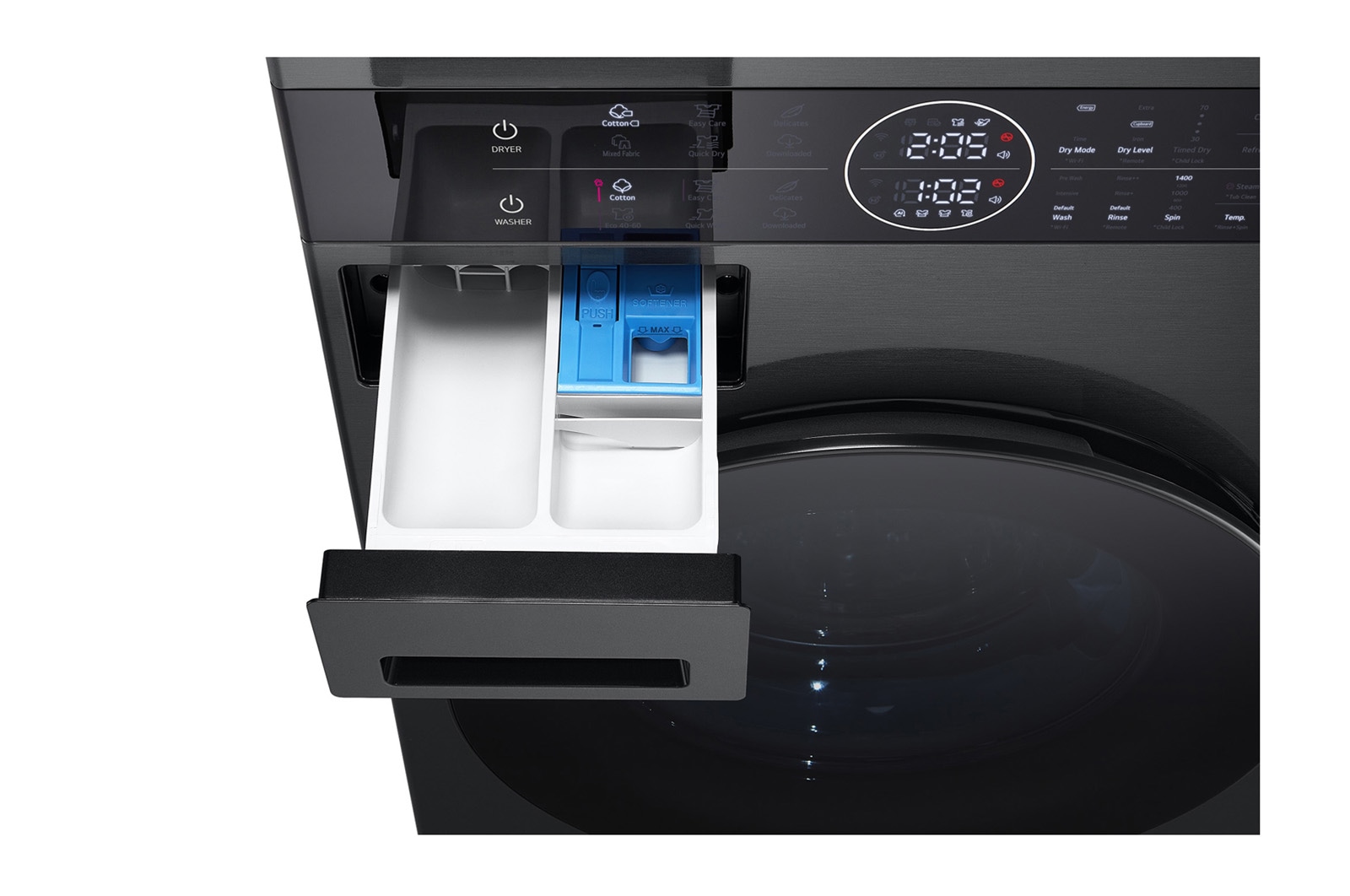 LG  WashTower™ 12/10 kg, max. 1400 ford./perc,  Steam™, TurboWash™360, Automatikus kondenzátortisztítás és ThinQ™ WiFi funkció, WT1210BBF