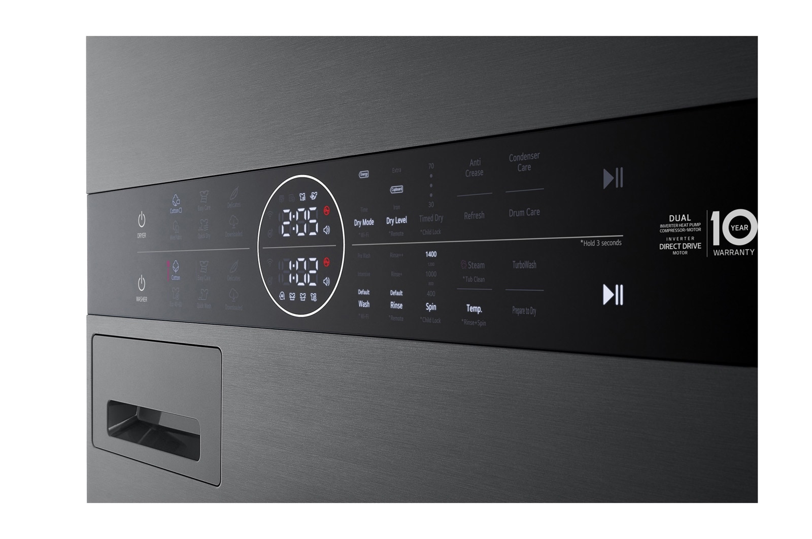 LG  WashTower™ 12/10 kg, max. 1400 ford./perc,  Steam™, TurboWash™360, Automatikus kondenzátortisztítás és ThinQ™ WiFi funkció, WT1210BBF