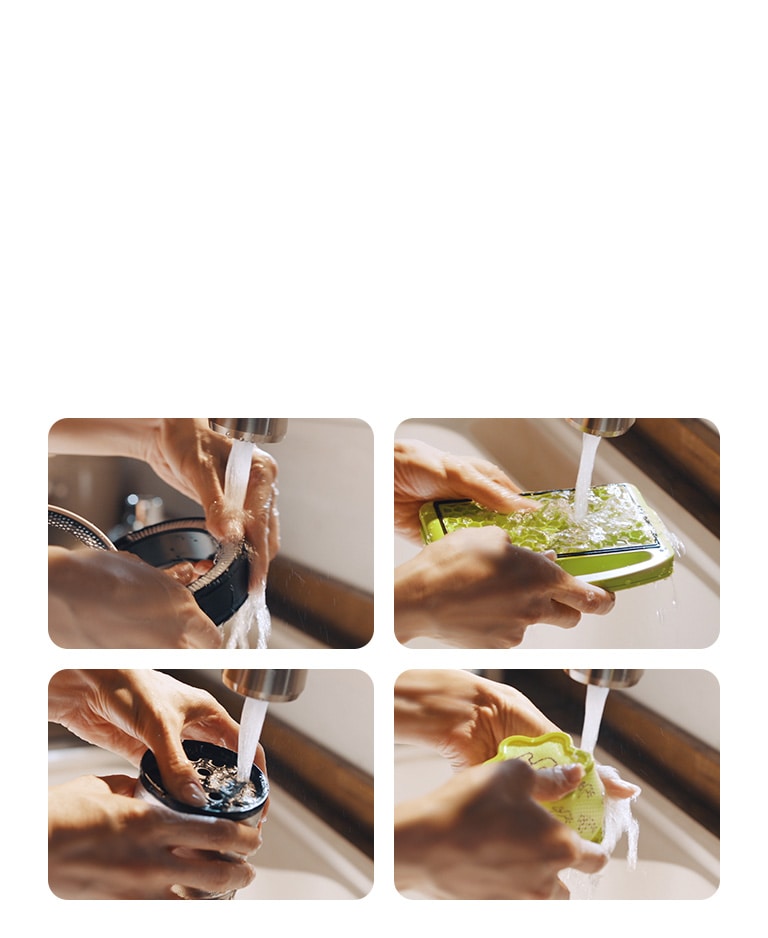 Négy kép mutatja be szétszedett szűrők vízzel történő átöblítését.