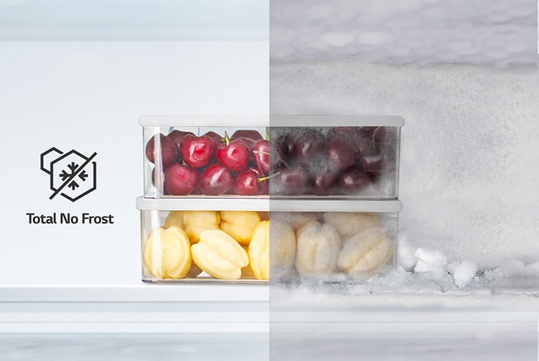 A képen tárolódobozokban látható gyümölcsök egyik fele jeges, a másik fele nem. A Total No Frost piktogram szerepel.