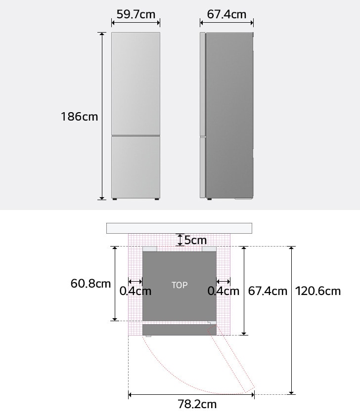 Az LG alulfagyasztós hűtőszekrény méretei elölnézetben és oldalnézetben: magasság, szélesség, mélység.