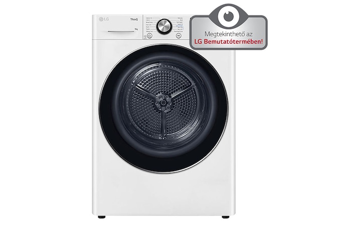 A(z) 9 kg, Eco Hybrid™ DUAL Inverter Hőszivattyús szárítógép, Automatikus kondenzátortisztítás és ThinQ™ WiFi funkció, RH90V9AV2N elölnézete