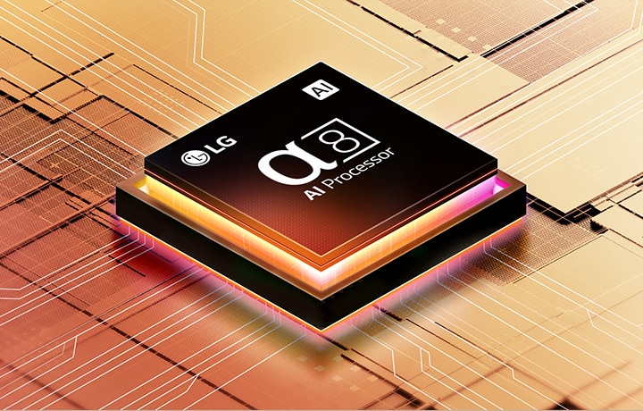 alpha 8 AI processzor chip látható LG logóval egy narancssárgán megvilágított mechanikai lemezen.