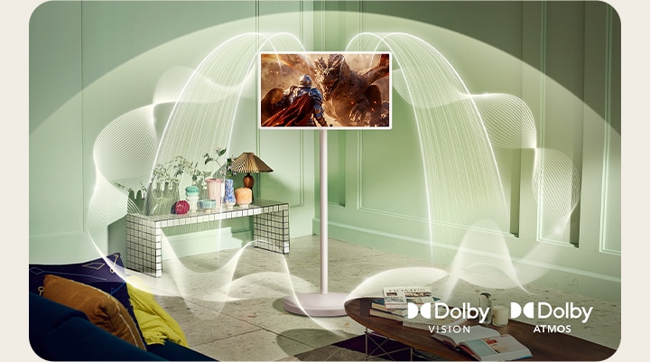 A StanbyME 2-ből hanghullámok áradnak, miközben a Dolby Vision és Dolby Atmos logók láthatók.