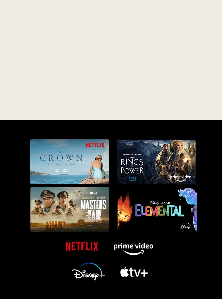 Hat film és tévéműsor miniatűrképe jelenik meg, alatta LG Channels, Netflix, Prime Video, Disney+, Apple TV+ logók.