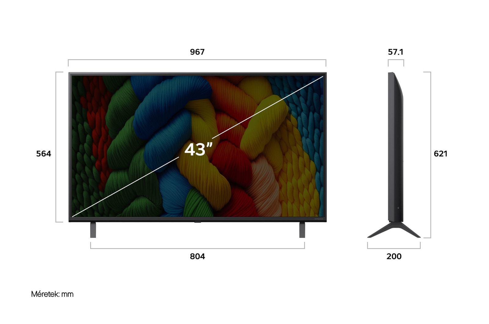 43NANO80A3B méretei mm-ben, képátló colban megadva