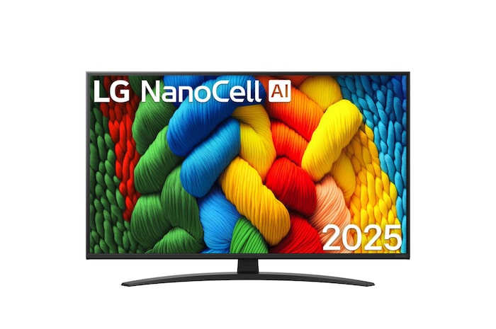 43NANO81A3A elülső nézet NanoCell TV készülékről, LG NanoCell Al Logo a felső sarokban.